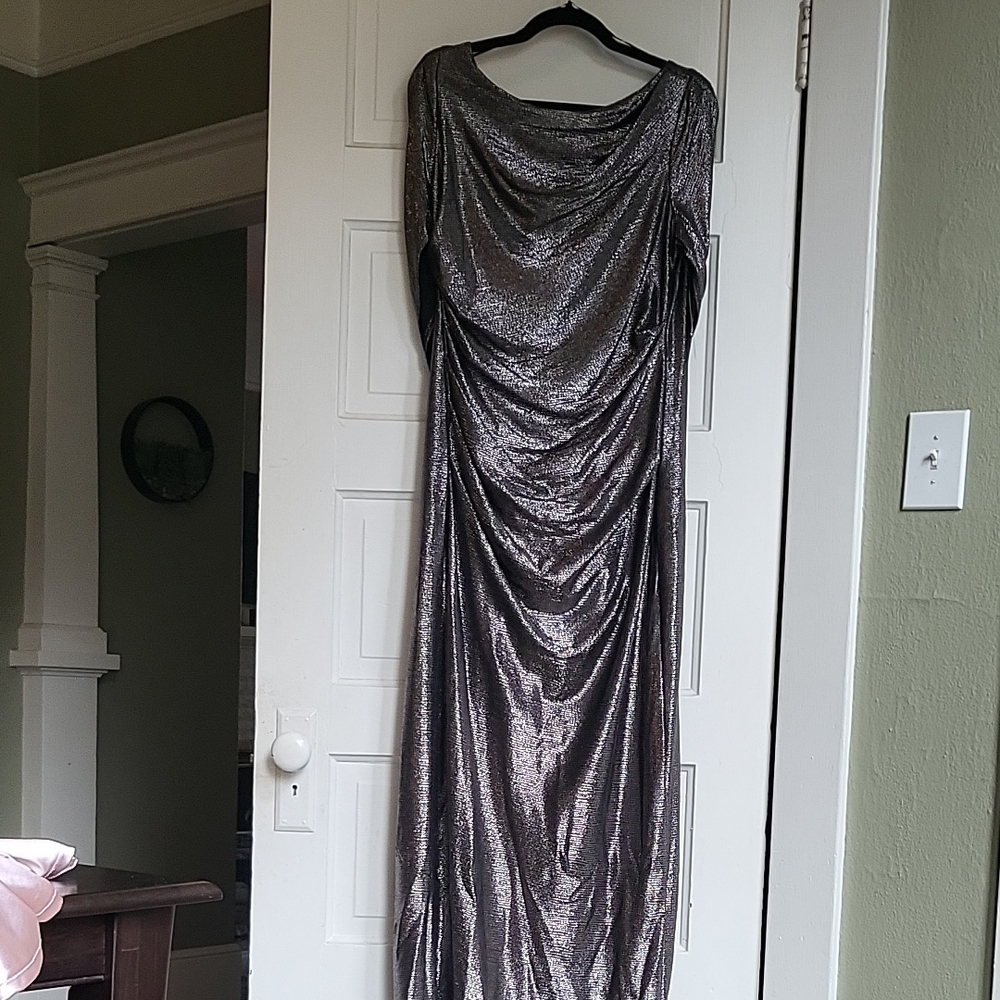 R & M Richards Shimmering Silver Long Sleeve Dress